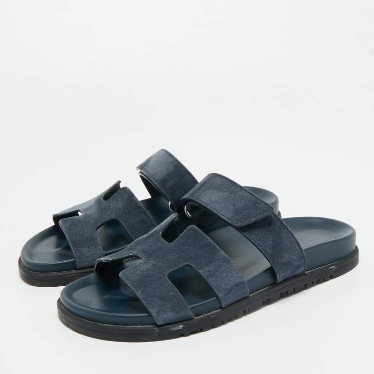 Pre Owned Hermes Navy Blue Suede Chypre Sandals Size 38.5