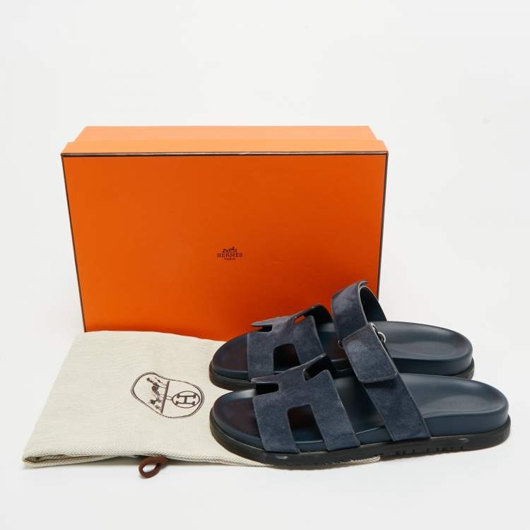Pre Owned Hermes Navy Blue Suede Chypre Sandals Size 38.5