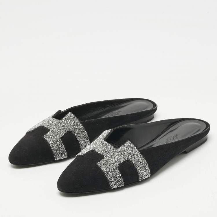 Pre Owned Hermes Black Suede Roxane  Mule Sandals Size 38