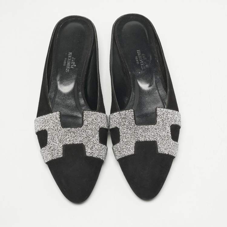 Pre Owned Hermes Black Suede Roxane  Mule Sandals Size 38