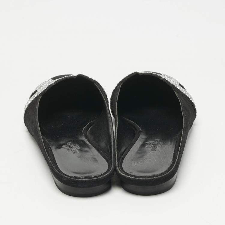 Pre Owned Hermes Black Suede Roxane  Mule Sandals Size 38