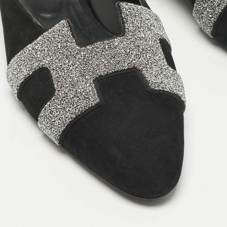 Pre Owned Hermes Black Suede Roxane  Mule Sandals Size 38