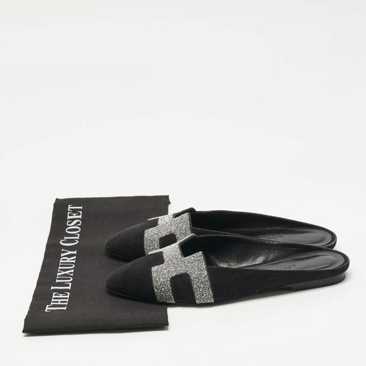 Pre Owned Hermes Black Suede Roxane  Mule Sandals Size 38