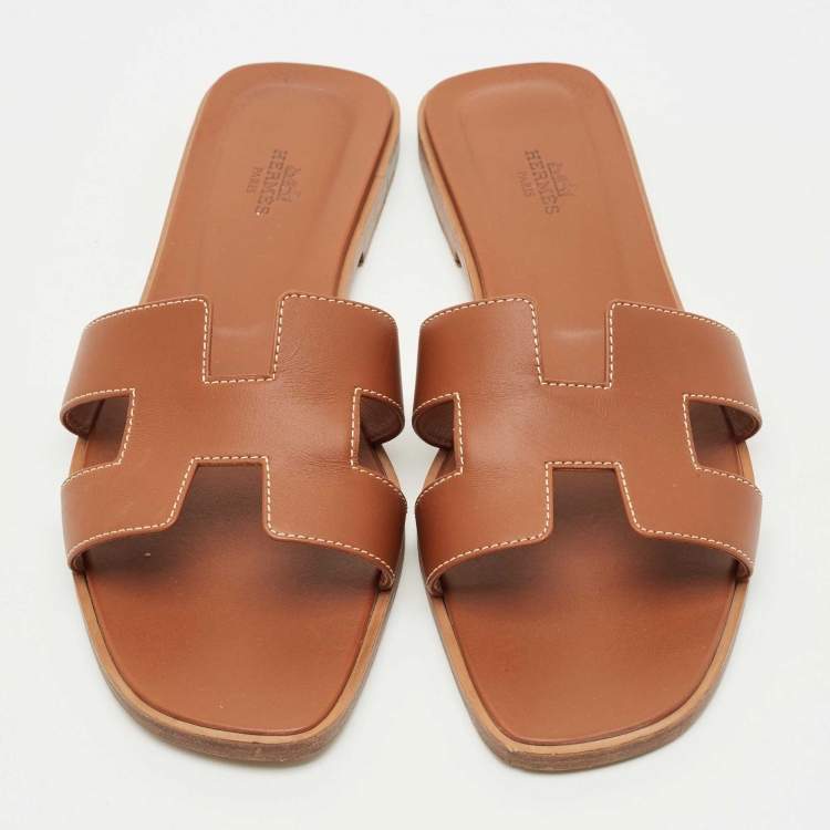 Pre Owned Hermes Brown Leather Oran Flat Slides Size 41