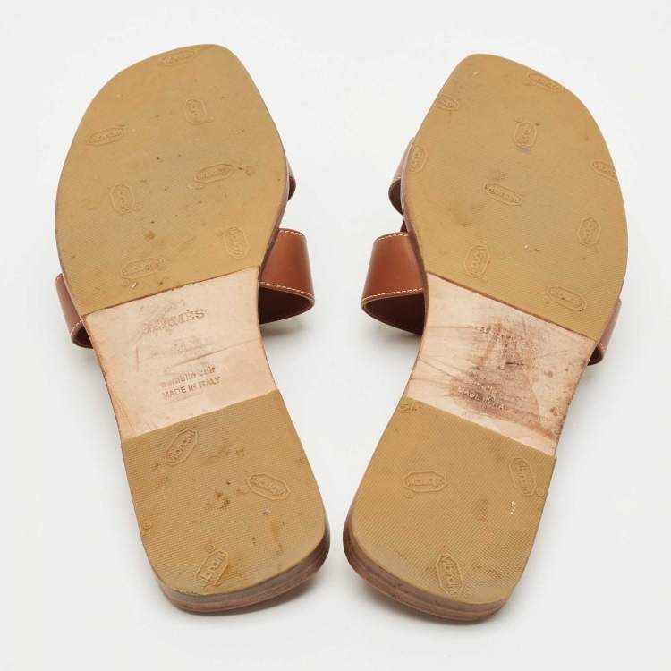 Pre Owned Hermes Brown Leather Oran Flat Slides Size 41