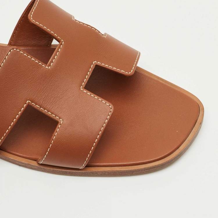 Pre Owned Hermes Brown Leather Oran Flat Slides Size 41