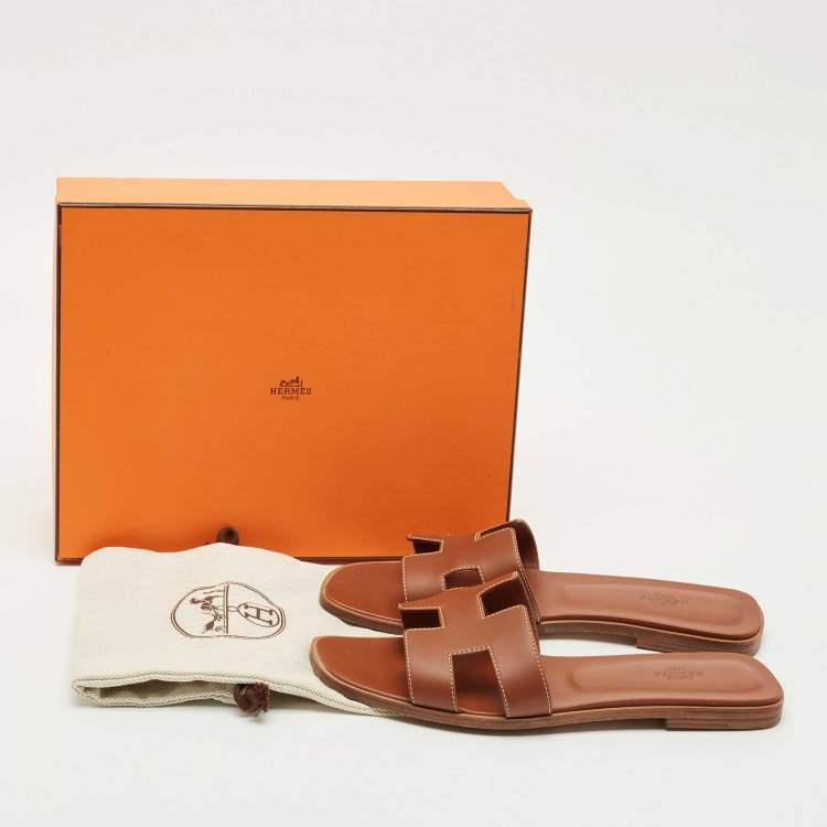 Pre Owned Hermes Brown Leather Oran Flat Slides Size 41