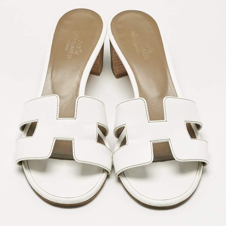 Pre Owned Hermes White Leather Oasis Slide Sandals Size 37