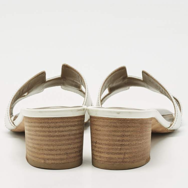 Pre Owned Hermes White Leather Oasis Slide Sandals Size 37