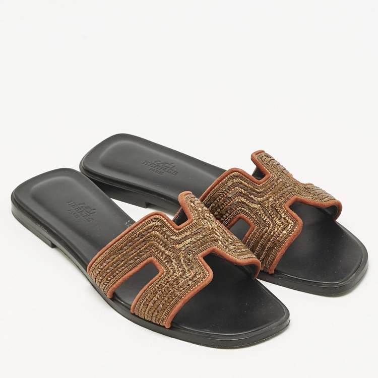Pre Owned Hermes Gold/Black Suede Oran Dabka Flat Slides Size 38