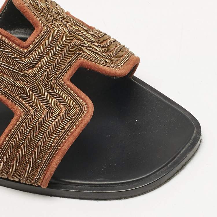 Pre Owned Hermes Gold/Black Suede Oran Dabka Flat Slides Size 38