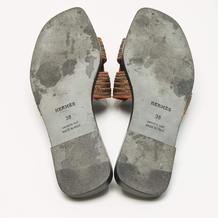 Pre Owned Hermes Gold/Black Suede Oran Dabka Flat Slides Size 38