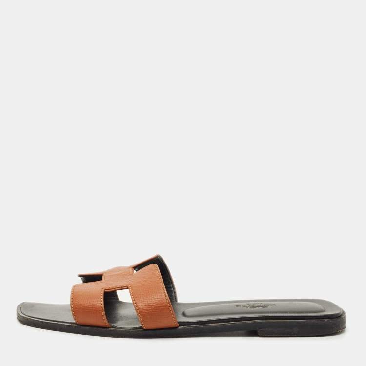 Pre Owned Hermes Brown Leather Oran Flat Slides Size 37.5