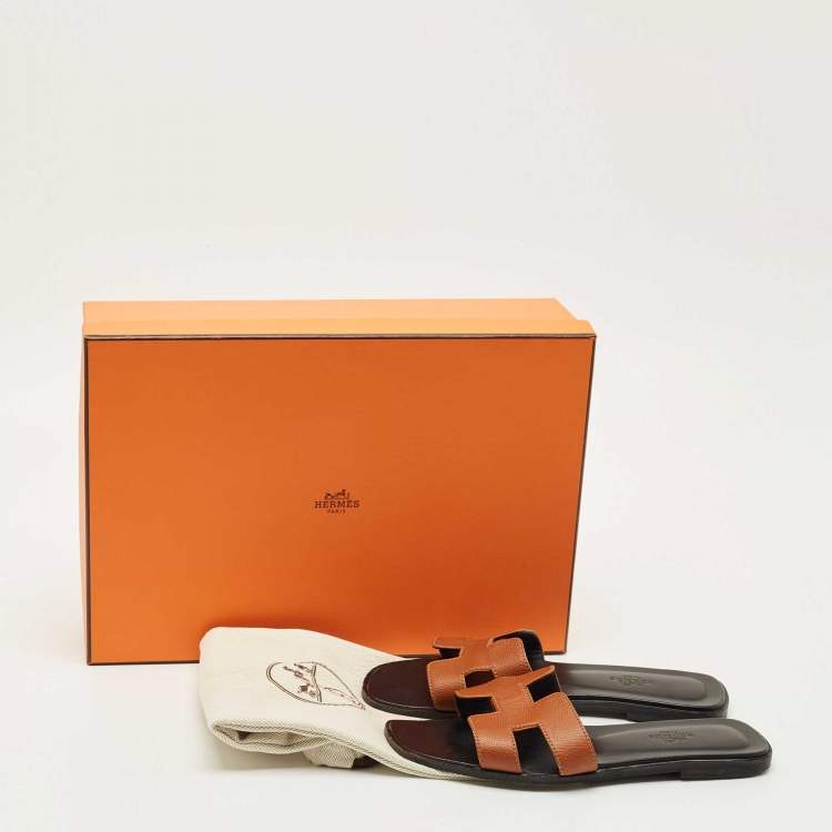 Pre Owned Hermes Brown Leather Oran Flat Slides Size 37.5