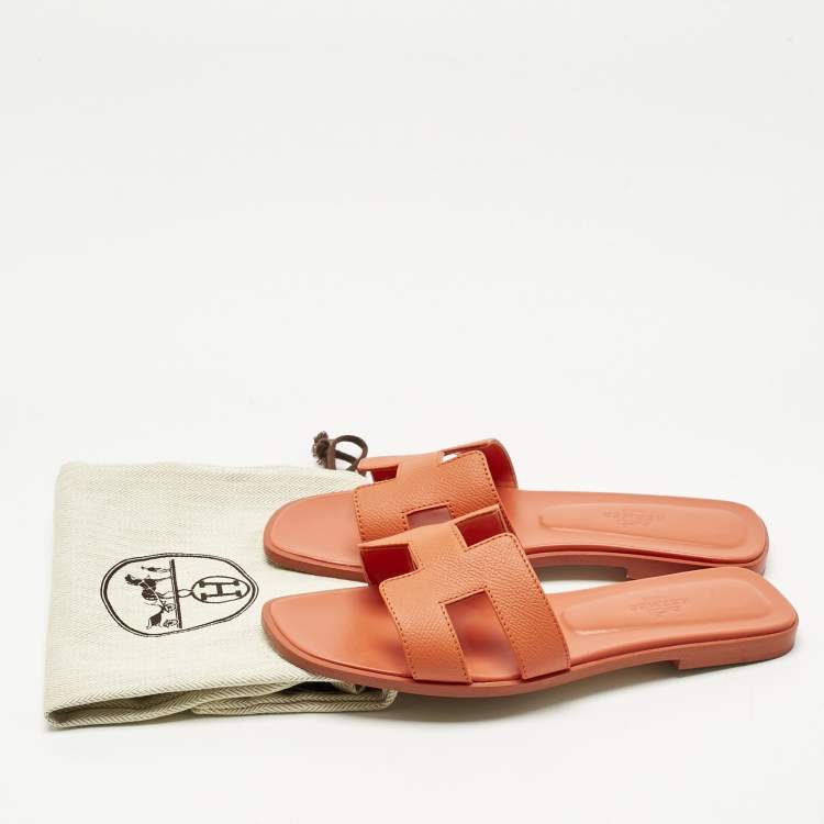 Pre Owned Hermes Orange Leather Oran Slide Sandals Size 36