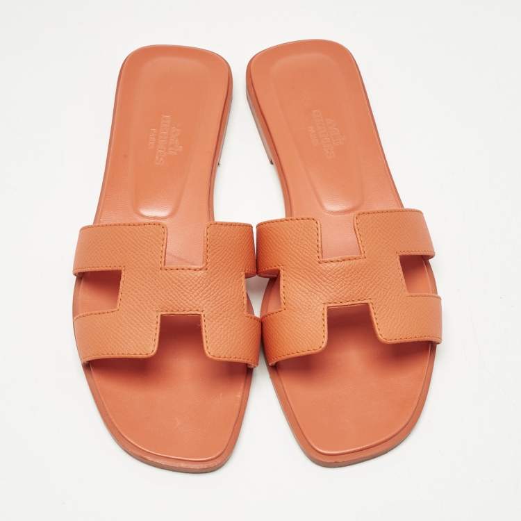 Pre Owned Hermes Orange Leather Oran Slide Sandals Size 36