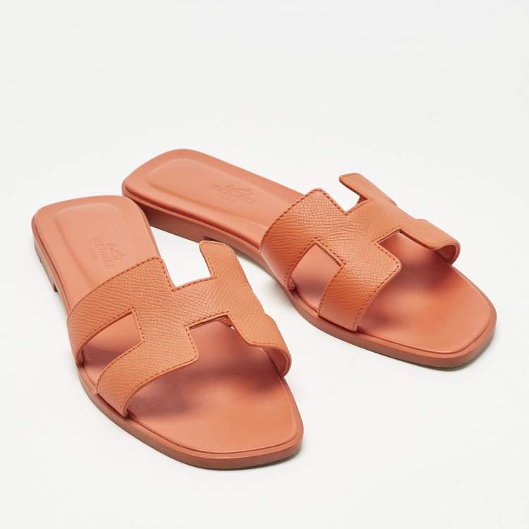 Pre Owned Hermes Orange Leather Oran Slide Sandals Size 36