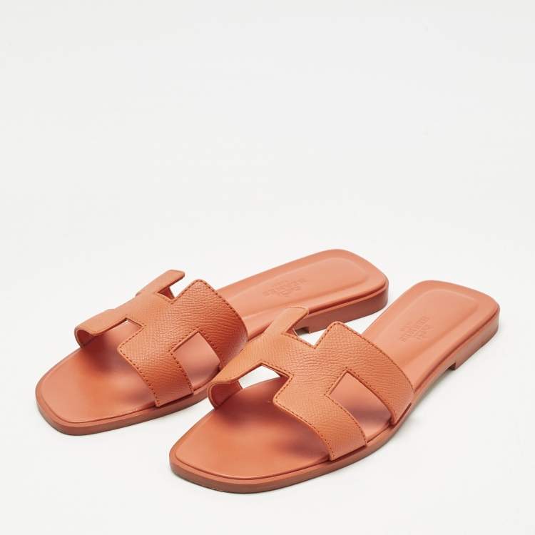 Pre Owned Hermes Orange Leather Oran Slide Sandals Size 36