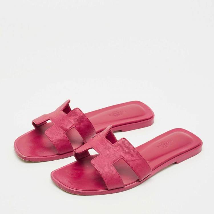 Pre Owned Hermes Pink Leather Oran Flat Slide Size 38