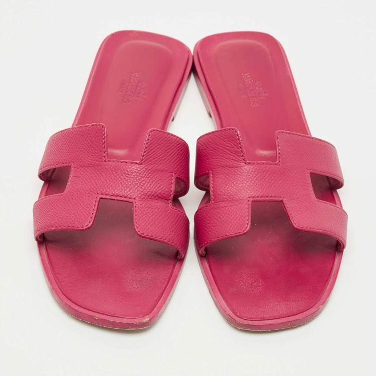 Pre Owned Hermes Pink Leather Oran Flat Slide Size 38
