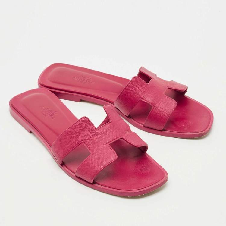 Pre Owned Hermes Pink Leather Oran Flat Slide Size 38