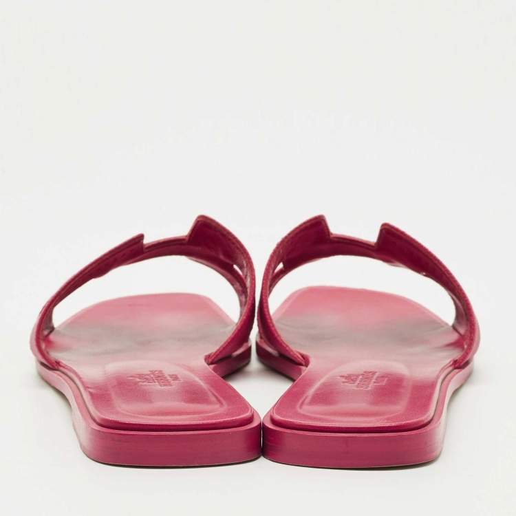 Pre Owned Hermes Pink Leather Oran Flat Slide Size 38