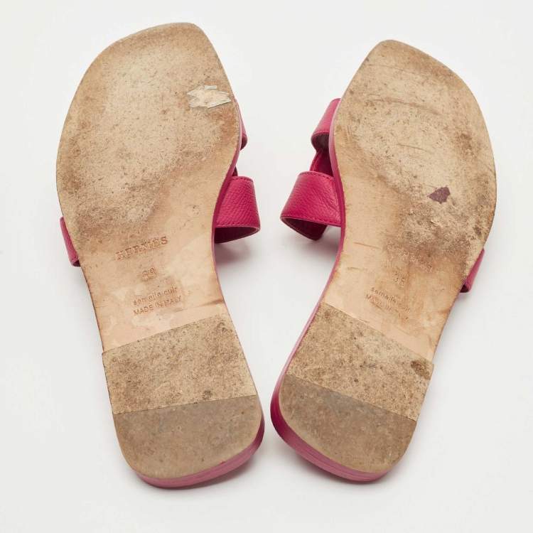 Pre Owned Hermes Pink Leather Oran Flat Slide Size 38
