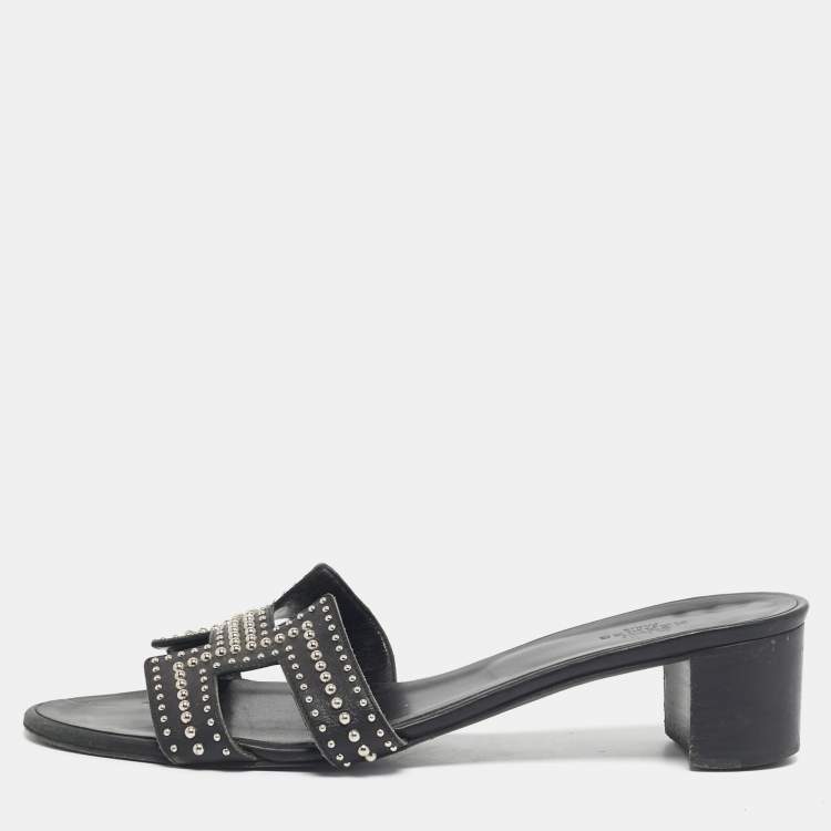 Pre Owned Hermes Black Leather Studded Oasis Slide Sandals Size 39.5