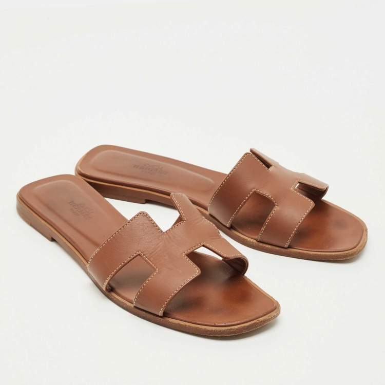 Pre Owned Hermes Brown Leather Oran Flat Slide Size 38.5