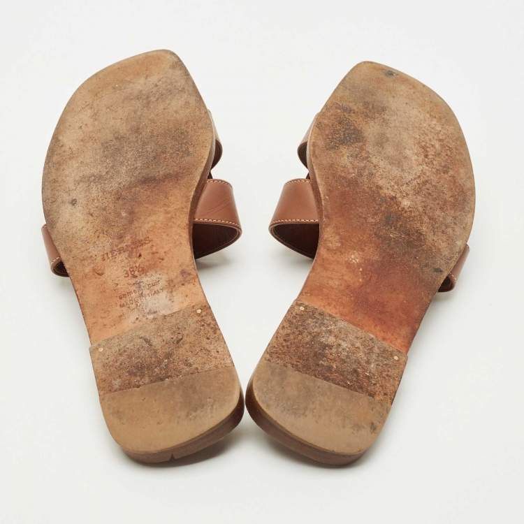 Pre Owned Hermes Brown Leather Oran Flat Slide Size 38.5