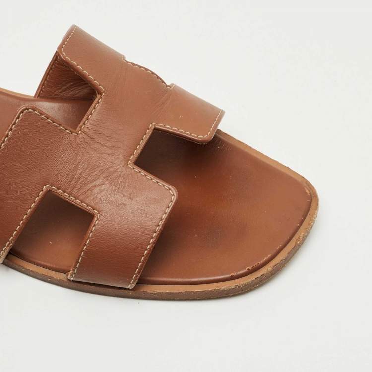 Pre Owned Hermes Brown Leather Oran Flat Slide Size 38.5