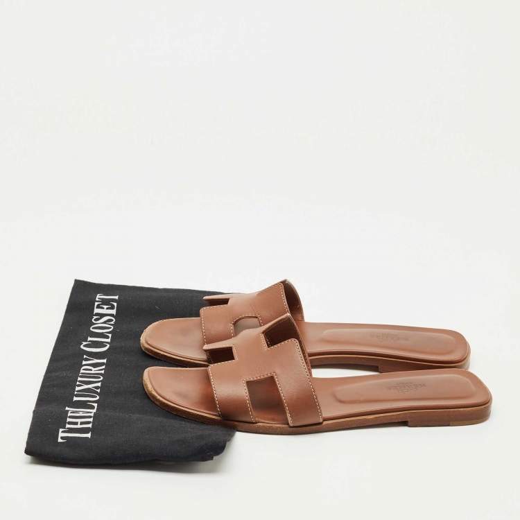 Pre Owned Hermes Brown Leather Oran Flat Slide Size 38.5