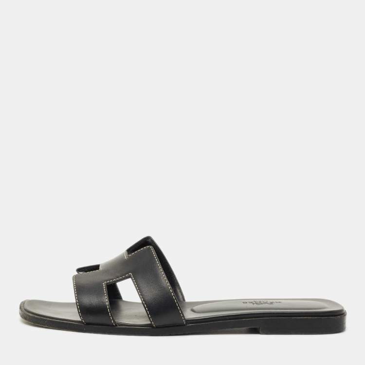 Pre Owned Hermes Black Leather Oran Flat Slides Size 38