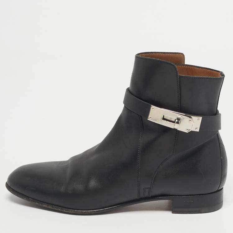 Pre Owned Hermes Black Leather jeff Ankle Length Boots Size 35.5