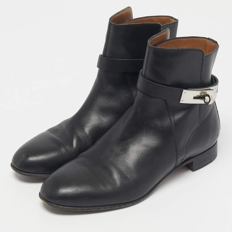 Pre Owned Hermes Black Leather jeff Ankle Length Boots Size 35.5