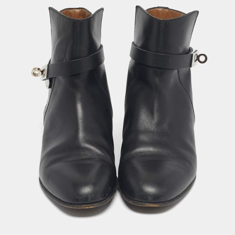 Pre Owned Hermes Black Leather jeff Ankle Length Boots Size 35.5