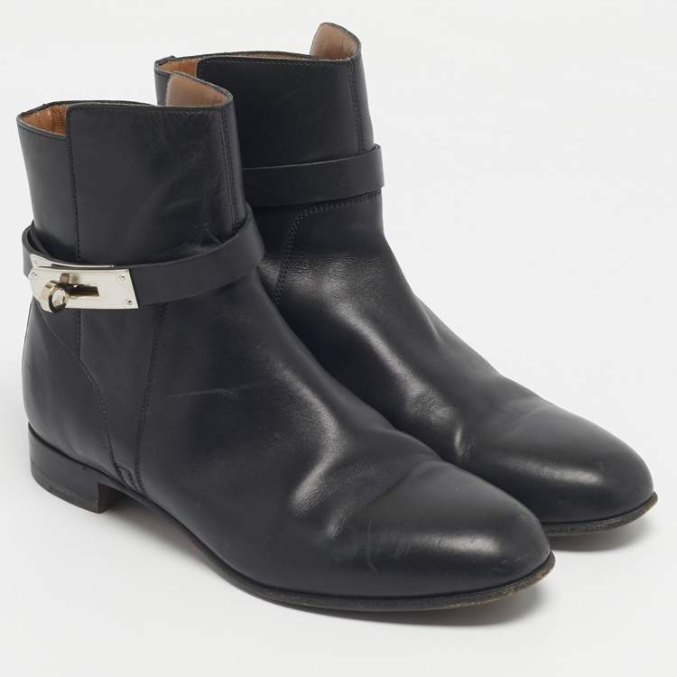 Pre Owned Hermes Black Leather jeff Ankle Length Boots Size 35.5