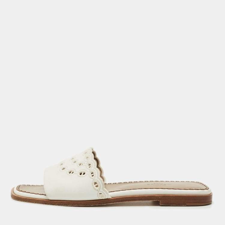 Pre Owned Hermes White Leather Gaelle Flat Slides Size 39