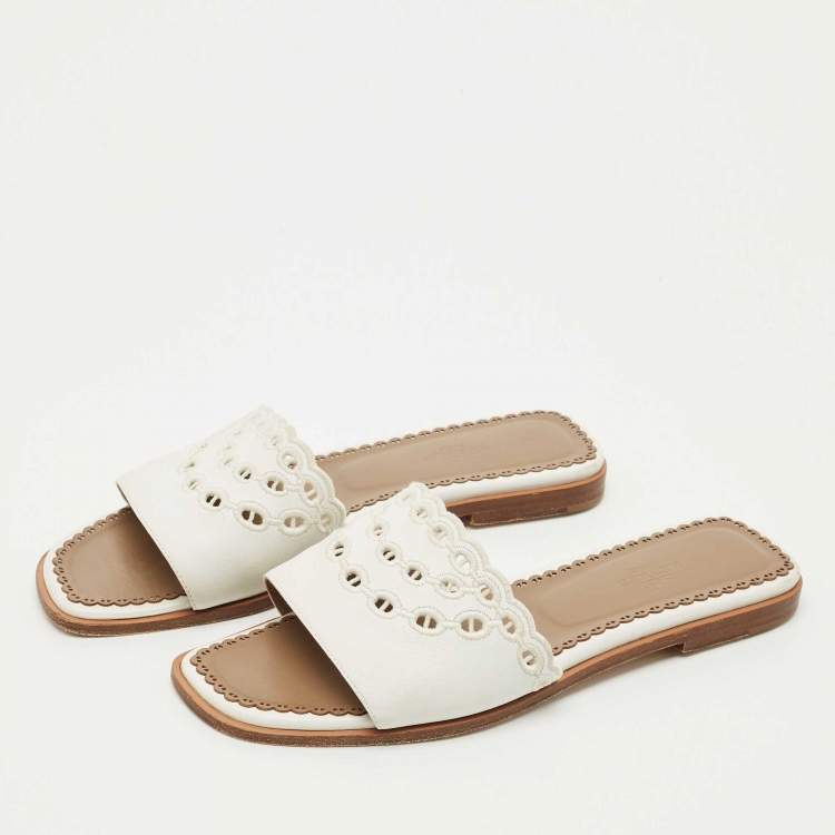 Pre Owned Hermes White Leather Gaelle Flat Slides Size 39