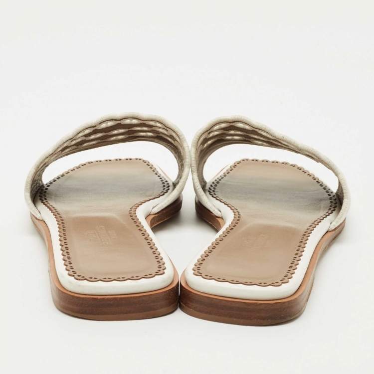Pre Owned Hermes White Leather Gaelle Flat Slides Size 39