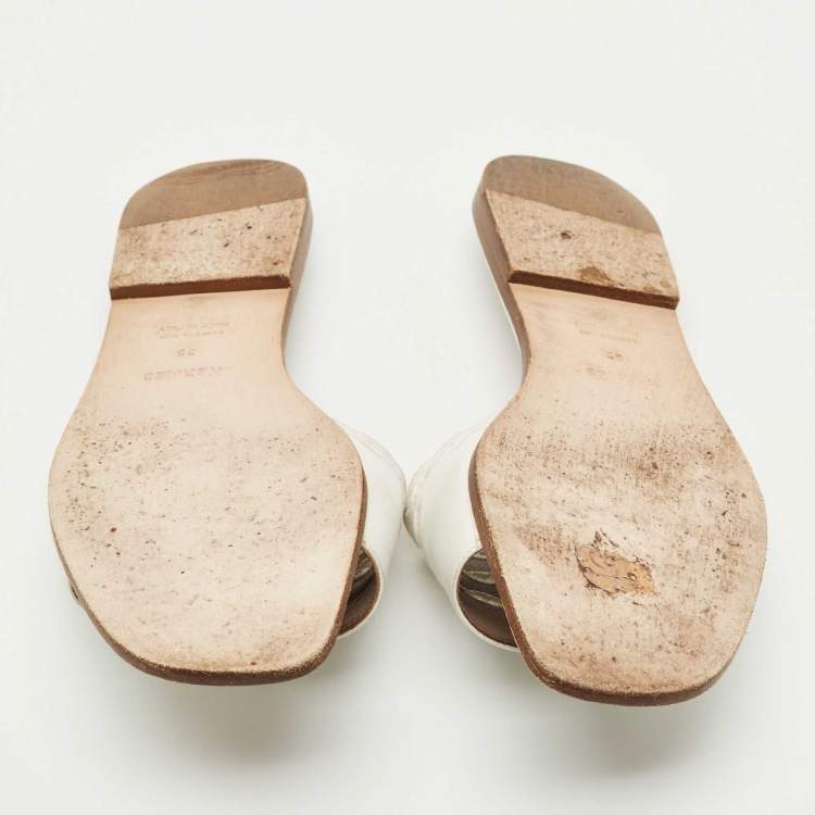Pre Owned Hermes White Leather Gaelle Flat Slides Size 39