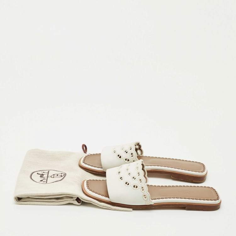 Pre Owned Hermes White Leather Gaelle Flat Slides Size 39