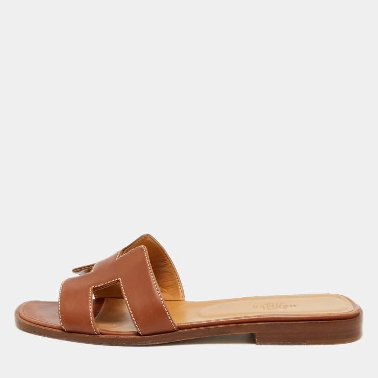 Pre Owned Hermes Brown Leather Oran Flat Slides Size 37