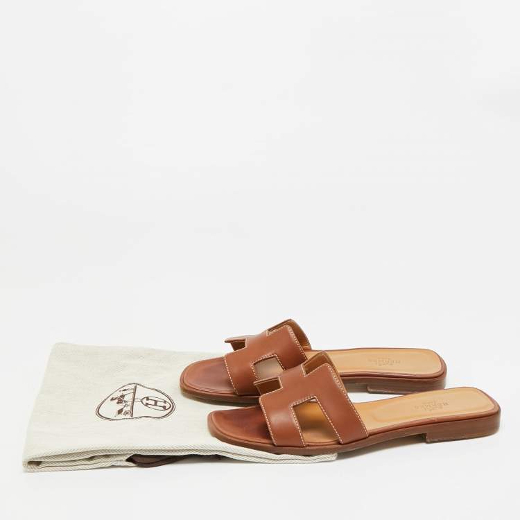 Pre Owned Hermes Brown Leather Oran Flat Slides Size 37