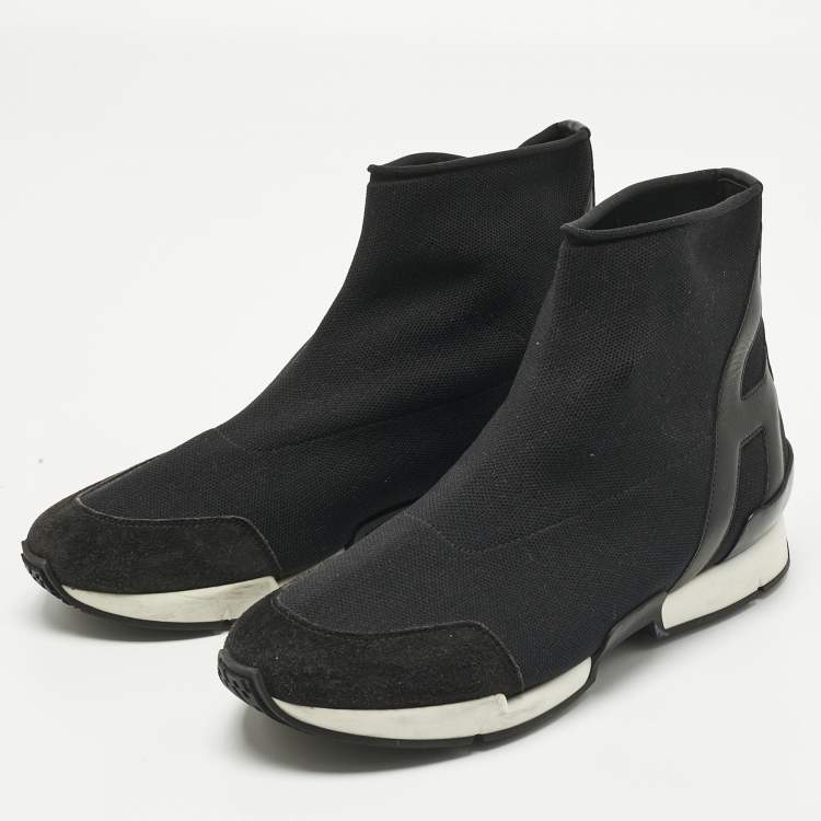 Pre Owned Hermes Black Knit Fabric and Leather Soft High Top Sneakers Size 36