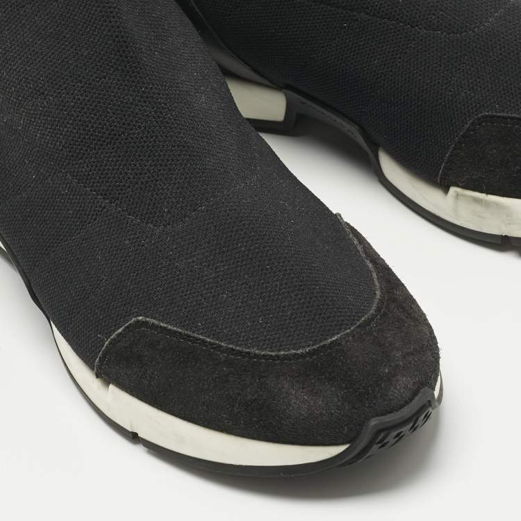 Pre Owned Hermes Black Knit Fabric and Leather Soft High Top Sneakers Size 36