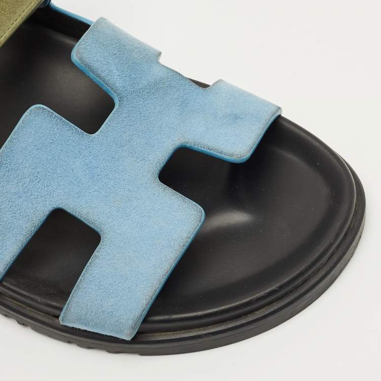 Pre Owned Hermes Blue/Green Suede Chypre Flat Sandals Size 40.5