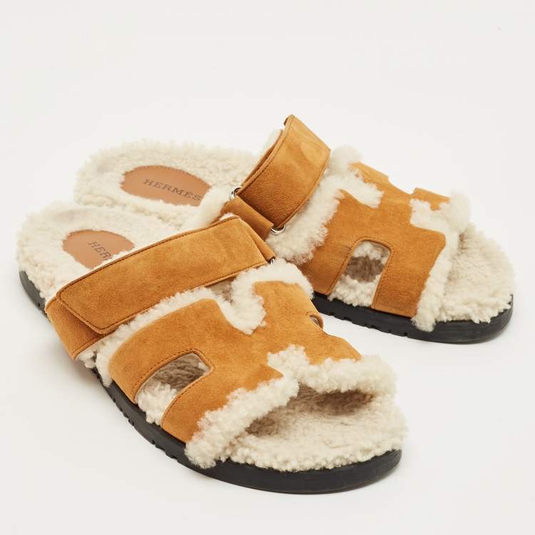 Pre Owned Hermès Brown Suede and Shearling Fur Lined Chypre Sandals Size 37
