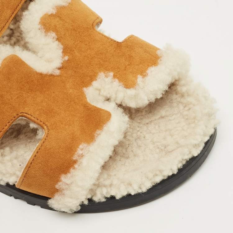 Pre Owned Hermès Brown Suede and Shearling Fur Lined Chypre Sandals Size 37