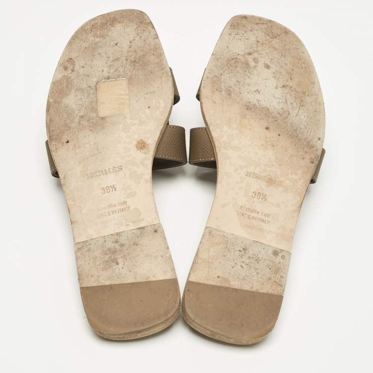 Pre Owned Hermes Brown Leather Oran Flat Slide Sandals Size 38.5